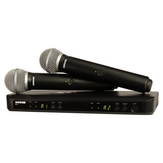 Shure Dual Vocal System with (1) BLX88 Dual Wireless Receiver and (2) BLX2 Handheld Transmitters with PG58 microphone