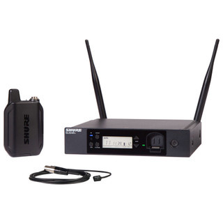 Shure The GLX-D+ Dual Band Wireless Rack System features the miniature wearable WL93 lavalier microphone for spoken word applications and the GLXD4R+ half-rack receiver.