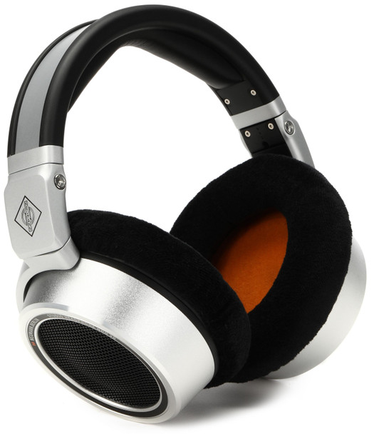 Neumann NDH 30 Open back studio headphone, silver with black and orange trim. Includes (1) NDH 30, (1) straight symmetrical cable, (1) 6,3 mm (1/4”) adapter and (1) cloth pouch