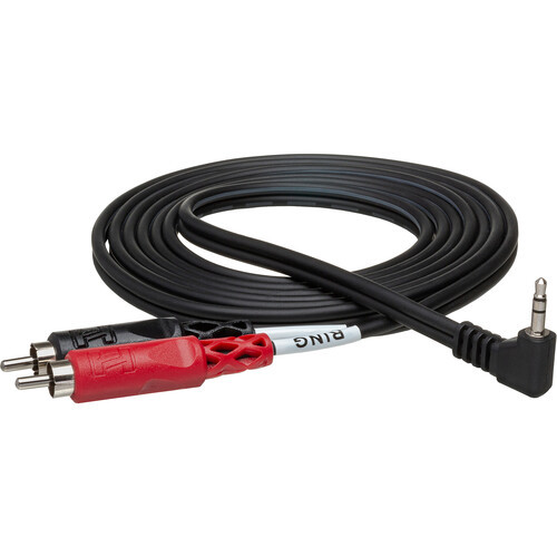Hosa CMR-206R Stereo Breakout Cable - Right-angle 3.5mm TRS Male to Left and Right RCA Male - 6 foot