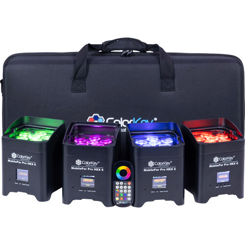 ColorKey, CKU-6234, MobilePar Pro HEX 6 4-Pack Bundle with Hardshell Case Battery-Powered LED PAR Wash Light System for Professional Event Lighting Use