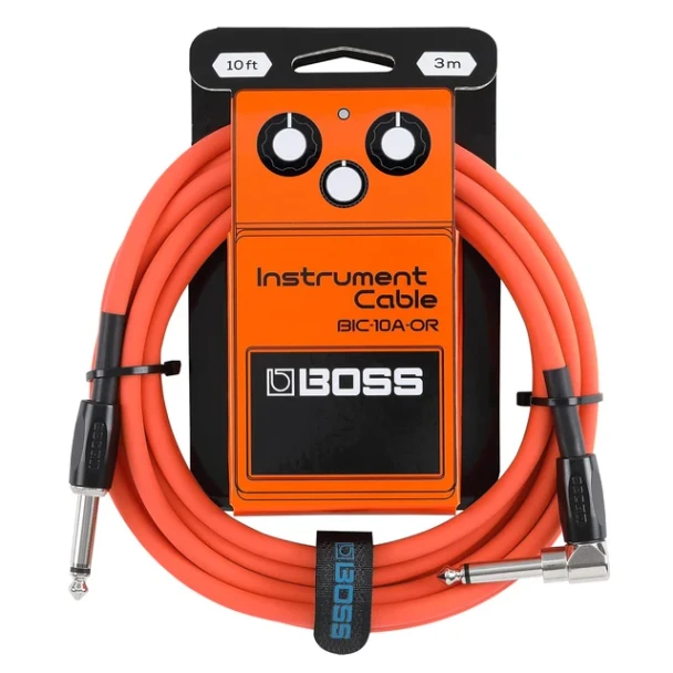 BOSS BIC-10A-OR Instrument Cable Orange, 10ft/3m Straight-to-Angled 1/4-Inch Cable with Oxygen-Free Copper Core and Braided Shielding for Guitar, Bass, Keyboards, and Professional Audio Applications (BIC-10A-OR)