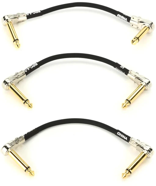 BOSS BPC-4-3 4-Inch/10cm 3-Pack Space-Saving Pancake Patch Cables with Right-Angle 1/4-Inch Connectors, 24K Gold-Plated Contacts, and Oxygen-Free Copper Core (BPC-4-3)
