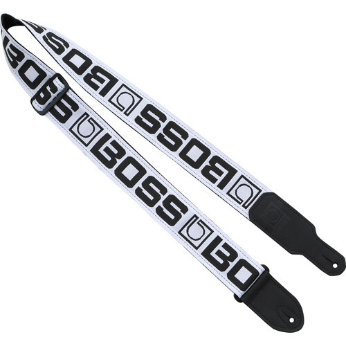 Roland BSM-20-WB Monogram Guitar Strap, 2-Inch White Nylon with Black Logo Pattern and American Baseball Leather Ends for Guitar and Bass (BSM-20-WB)