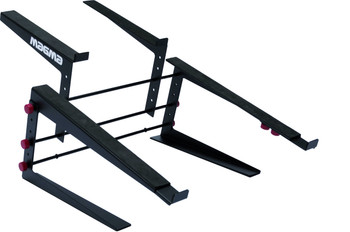 Magma Control Stand II Holds A DJ Controller And A Laptop