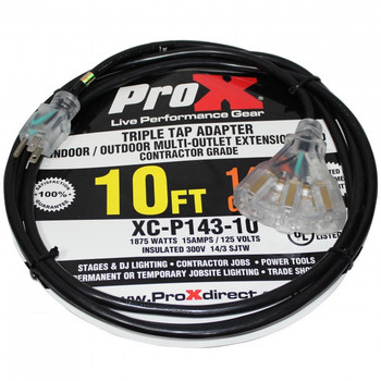 ProX 10 Ft. 120VAC NEMA 15 Male to 3 Socket Female Power-Extension Cord 14 AWG