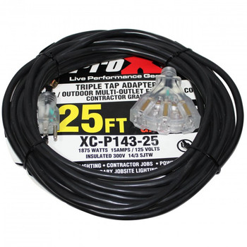 ProX 25 Ft. 120VAC NEMA 15 Male to 3 Socket Female Power-Extension Cord 14 AWG