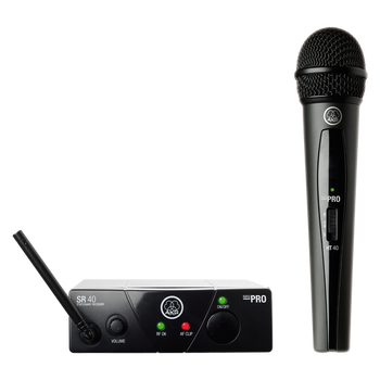 AKG, WMS40 Mini Vocal Set BD US25B plug-and-play wireless microphone system with SR40 Mini receiver, HT40 Mini handheld transmitter, power supply, and AA battery, (3347X00120)