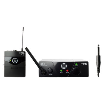 AKG, WMS40 Mini Instrumental Set BD US25A plug-and-play wireless microphone system with SR40 Mini receiver, PT40 Mini pocket transmitter, instrument cable, power supply, and AA battery, (3348H00110)