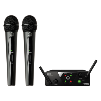 AKG, WMS40 Mini Dual Vocal Set US25A/C plug-and-play wireless microphone system with SR40 Mini2 dual-channel receiver, two HT40 Mini handheld transmitters, power supply, and AA batteries, (3350X00050)
