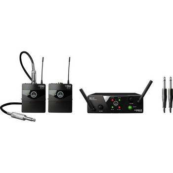 AKG, WMS40 Mini2 Dual Instrumental Set US25CD wireless microphone system with SR40 Mini2 receiver, 2x PT40 Mini pocket transmitters, instrument cables, power supply, and AA batteries, (3351H00060)