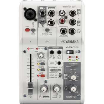 Yamaha 3-Channel Streaming Mixer in White with USB audio interface and DSP effects, designed for high-quality streaming and content creation, (AG03MK2 W)
