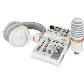 Yamaha Live Streaming Pack in White with AG03MK2 mixer, condenser microphone, and studio headphones, designed for streaming, podcasting, and content creation, (AG03MK2 W LSPK)