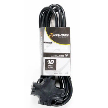 ADJ EC163-3FER10 AC Extension Cord with Three Outlets (16 AWG, Black, 10')
