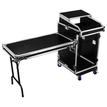 Odyssey FZGS1416WDLX 14U Top Slanted 16U Bottom Vertical Pro Combo Rack with Casters, Side Table, and Glide Platform (FZGS1416WDLX)