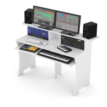 Glorious Workbench Studio Desk, White, Professional Music Production Workstation with Keyboard Tray, 8RU Rack Spaces, and Rotating Monitor Speaker Platforms (AMS-WORKBENCH-WHT)
