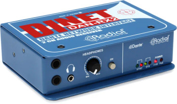 Radial Engineering Dante Network Receiver with EtherCON input and stereo XLR analog outputs, designed for networked audio conversion and routing, (R800 1065)