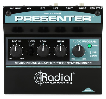 Radial Engineering Presentation Mixer with mic preamp, 3.5mm stereo input, and USB, designed for flexible audio mixing and connectivity, (R800 8011)