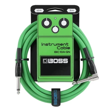 BOSS BIC-10A-GN Instrument Cable Green, 10ft/3m Straight-to-Angled 1/4-Inch Cable with Oxygen-Free Copper Core and Braided Shielding for Guitar, Bass, Keyboards, and Professional Audio Applications (BIC-10A-GN)