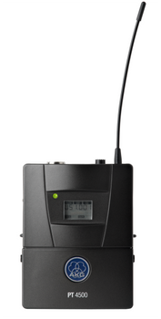 AKG, PT4500 BD8 50mW professional wireless bodypack transmitter with rugged metal housing, belt clip, AA batteries, secure mute pin, and pilot tone support, (3202H00300)