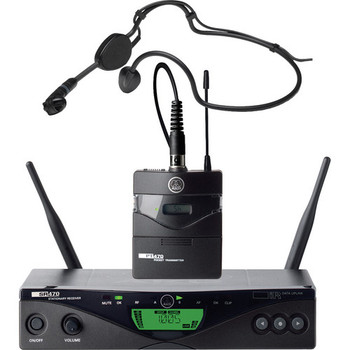 AKG, WMS470 Sports Set BD7 50mW wireless bodypack microphone system with SR470 receiver, PT470 transmitter, C544L headworn microphone, power supply, rack mount kit, belt clip, and AA battery, (3308H00370)