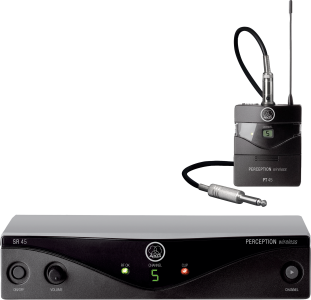 AKG, Perception Wireless 45 Instr Set BD A frequency-agile wireless microphone system with SR45 receiver, PT45 bodypack transmitter, instrument cable, power supply, and AA battery, (3250H00010)