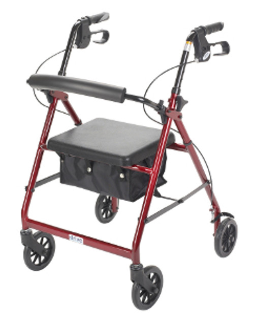 Drive 4-Wheeled Rollator Walker with Fold Up Removable Back Support and Padded Seat - 6" Wheels Red