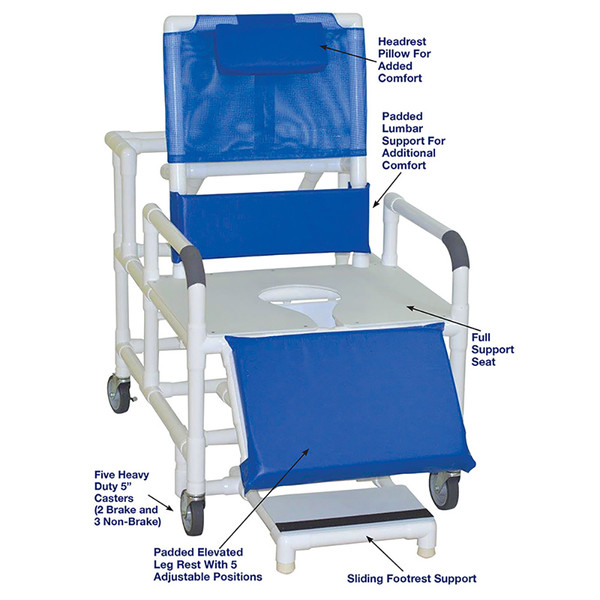 MJM Bariatric 26" Reclining Shower Chair with Full Support Seat, Sliding Footrest, and Square Pail