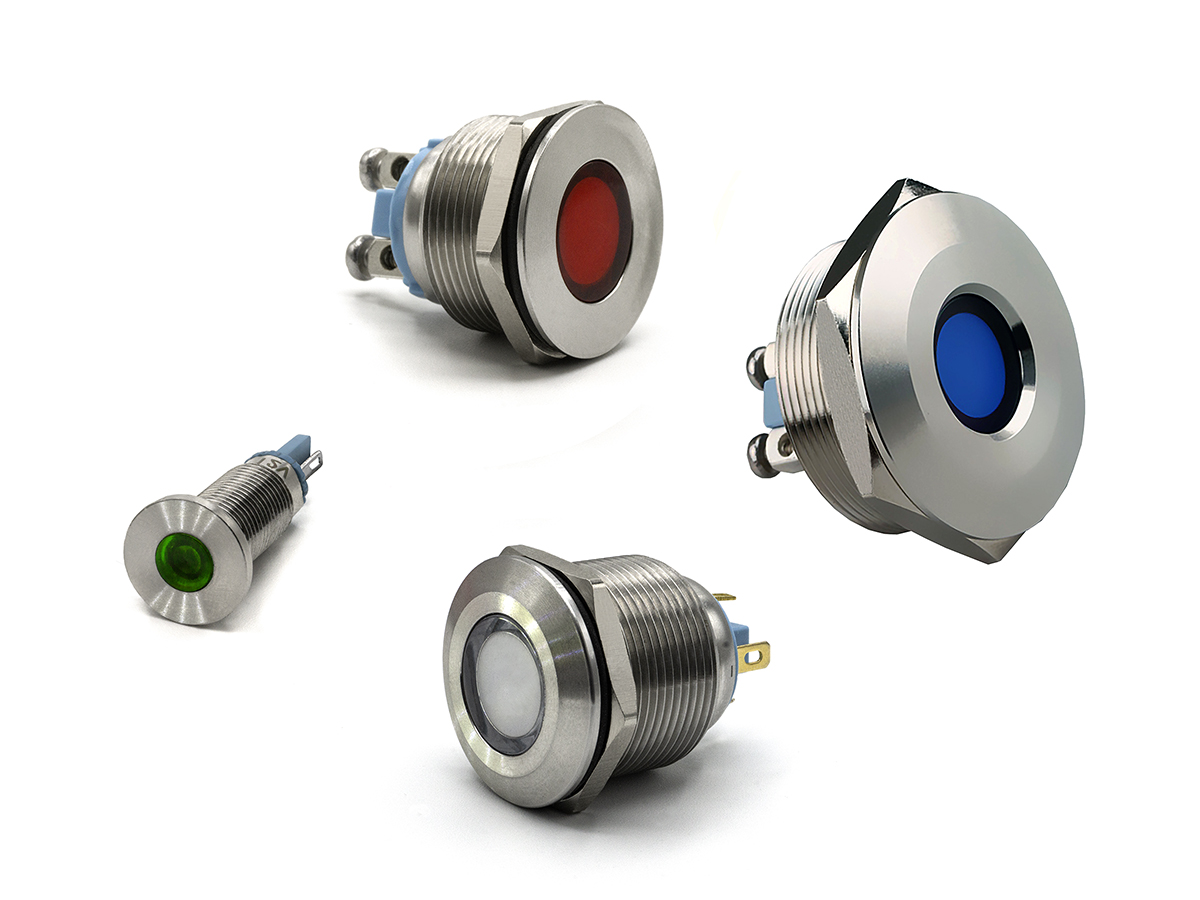 Dialight's Heavy Duty, stainless steel panel mount indicators for 8, 22, and 30mm mounting hole sizes.