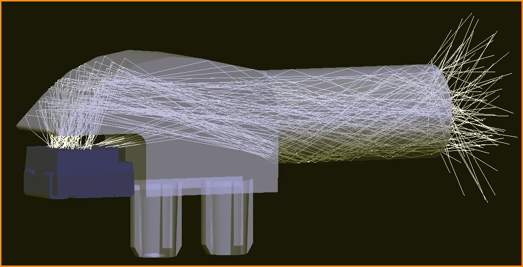 ray tracing image of light transmission from LED through a right angle light pipe