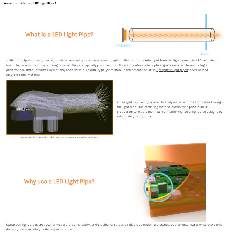 screenshot of technical information on what are LED light pipes