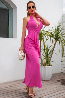 Hot Pink Halter Neck Ruffled Front Dress