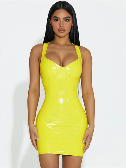 Yellow Racerback PU Vinyl Mini Dress