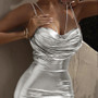 Ultra Shiny Silver Backless Long Evening Dress