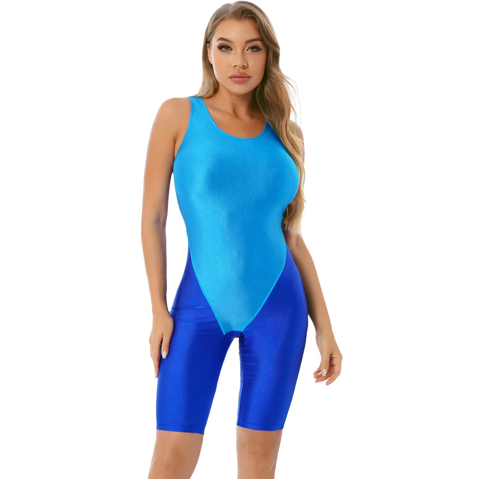 Retro Leotard Look Blue One Piece Knee Suit Swimsuit - Splashwear