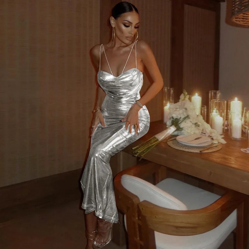 Ultra Shiny Silver Backless Long Evening Dress - Splashwear