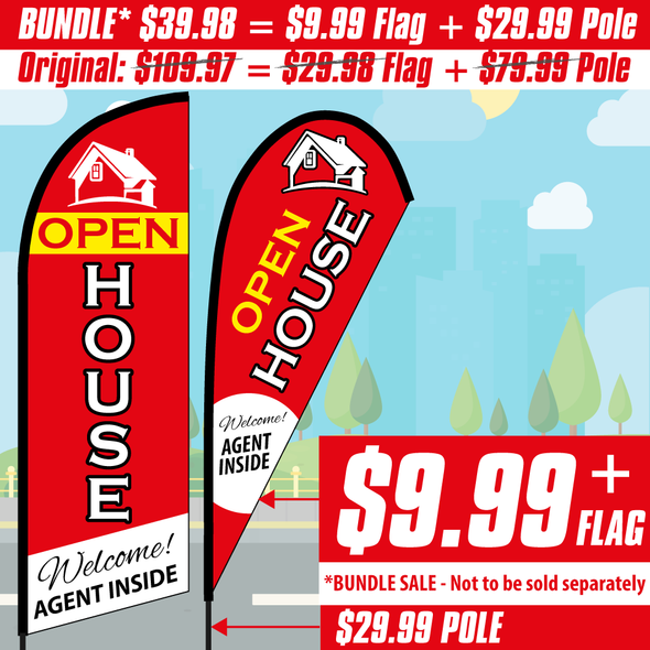 Open House feather flag - Welcome! Agent inside (red feather banner with white/yellow words)