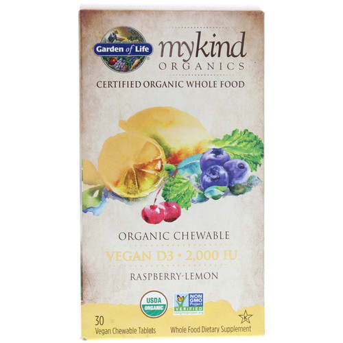 Garden of Life mykind Organics Vegan D3 2,000 IU Organic Chewable Raspberry-Lemon, 30 Veg Tablets