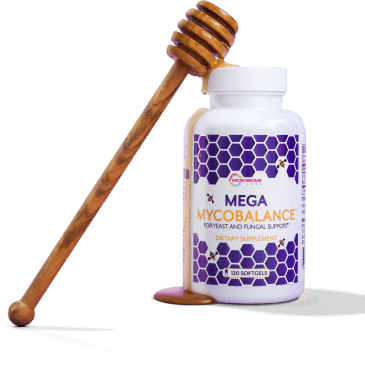 womens health Mega Mycobalance bottle with honey dipper dripping honey