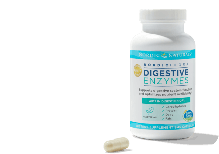 digestive health Nordic Flora bottle with single bill next to bottle