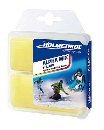 Holmenkol yellow AlphaMix wax designed for warm snow conditions