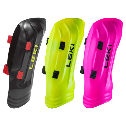 Leki Armor World Cup Pro shin guards shown in green, black, and pink