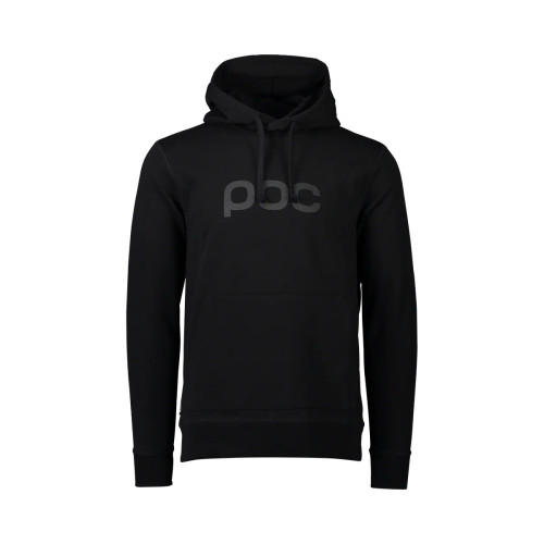 Front view of black POC hoodie sweatshirt with logo