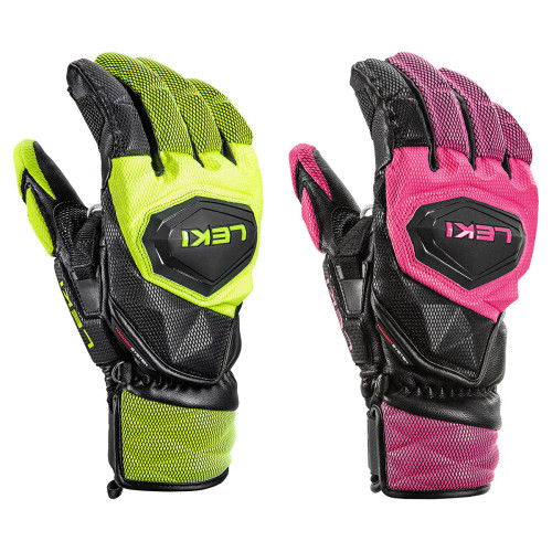 Pink and yellow Leki Venom SL 3D ski gloves side‑by‑side