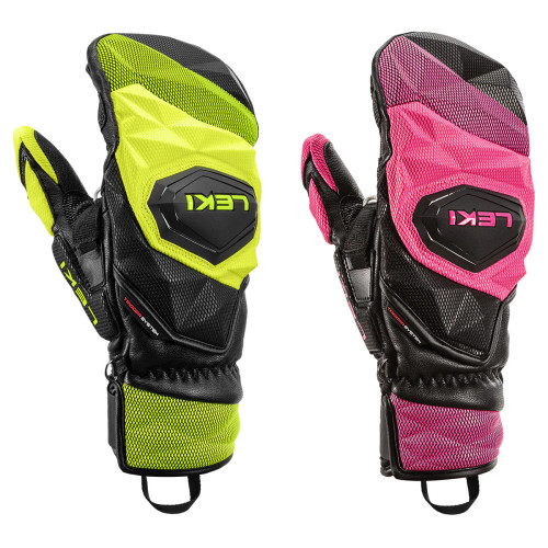 Pink and yellow Leki Venom SL 3D ski mittens side‑by‑side