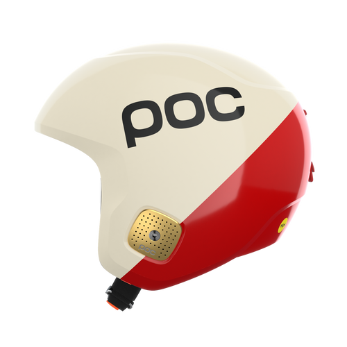 Left-side view POC Skull Dura Comp MIPS helmet Rouge/Blanc