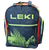 LEKI WCR 60L ski boot backpack in navy with neon green logo, front view showing the zippered front and side pockets