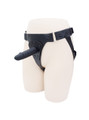 Side view of black dildo mounted in adjustable strap harness