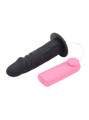 Realistic black vibrating dildo with remote control and O-ring base, compatible with strap-on harness.