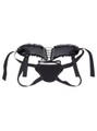 Rear view of adjustable lace-up strap-on harness with bow-tied back.